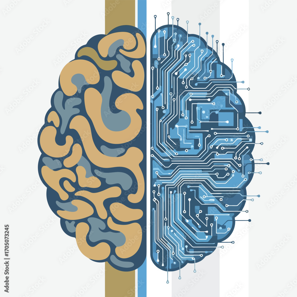 Poster illustration merging a human brain with digital circuit board components, symbolizing artificial int