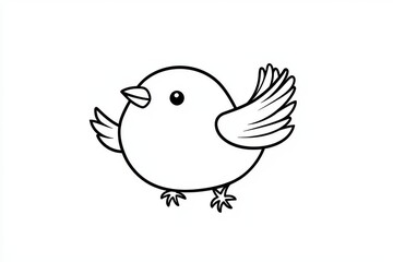 Fototapeta premium Cute cartoon flying bird logo in simple black and white line art with clear outline silhouette on white background