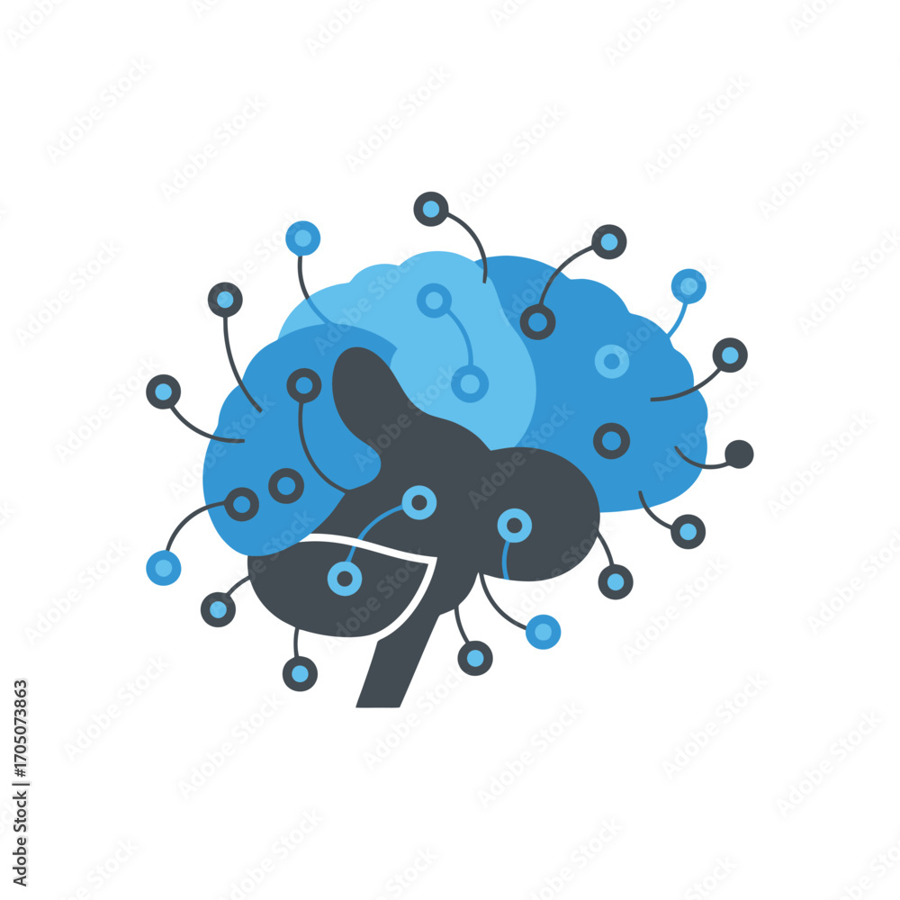 Poster stylized brain illustration with connected nodes, representing artificial intelligence or neural net
