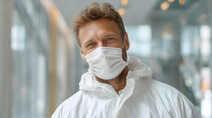 Professional man in disinfection service gear smiling in modern interior setting, highlighting safety and hygiene