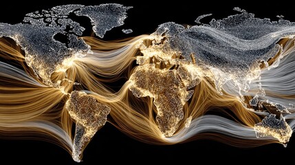 Global network map, illuminated continents, swirling lines