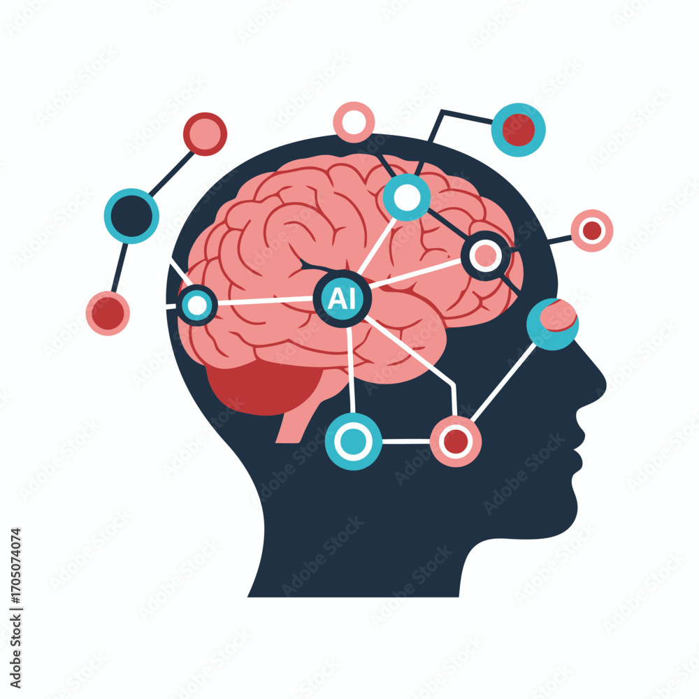 Poster human head profile with a brain, connected by lines to various data points, showcasing artificial in