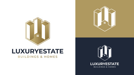 Luxury Real Estate Logo Design – Modern Buildings & Homes Branding. Emblem-type Propoerty Logo Icon with Window in Gold Color Gradient. Construction Symbol.
