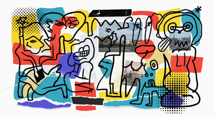 Obraz premium A chaotic collage of abstract doodle characters and urban landscapes representing a creative mindscape