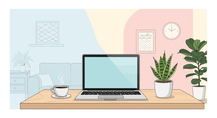 Comfortable home office setup with a laptop and plants on a wooden desk, illustrating a work-life balance concept with a split color background
