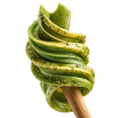 Close-up of a twisted pasta strand, vibrant green and yellow, coated in herbs and seeds, held by a wooden skewer