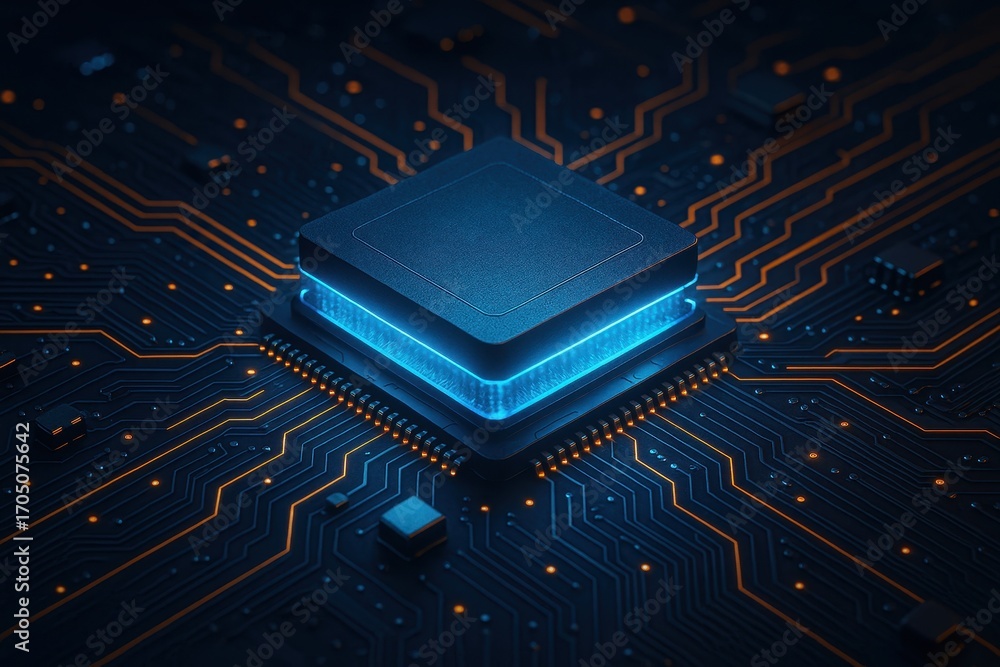 Poster digital core: illuminated high-tech processor with intricate circuit design, representing innovation
