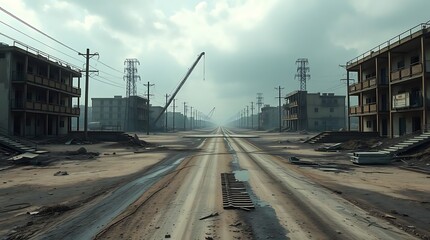 Fototapeta premium A photorealistic, 8k visualization of a desolate, post-apocalyptic scene with no individuals present
