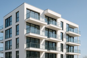 Modern Apartment Facade: A contemporary apartment building stands tall, its sleek facade punctuated by balconies and windows that reflect the clear blue sky, embodying modern urban living.