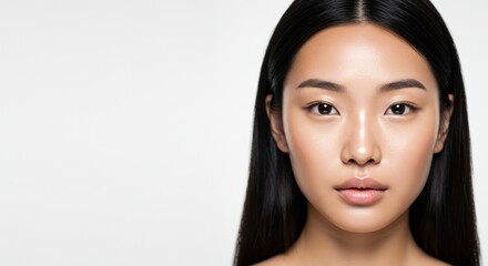 Naklejka premium Asian woman portrait with dark hair against a white background studio shot.
