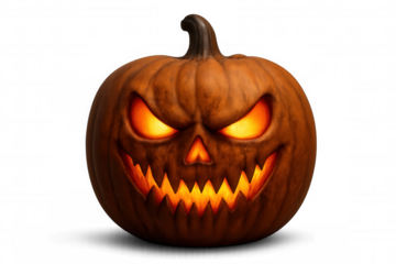 Glowing jack-o'-lantern with menacing grin, revealing sinister halloween spirit against transparent backdrop