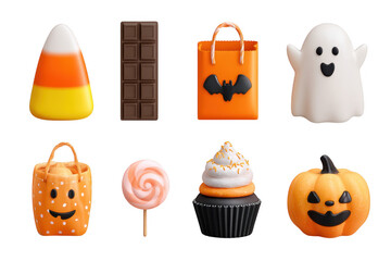Colorful Halloween themed icons including candy corn chocolate bar orange shopping bag ghost trick or treat bags lollipop cupcake and pumpkin. Perfect for festive designs