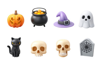Fototapeta premium Halloween pumpkin cauldron witch hat ghost black cat skulls tombstone spider web create festive atmosphere. These icons symbolize spooky spirit of Halloween