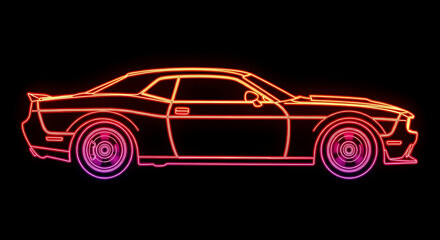 Naklejka premium Glowing neon line muscle car full body colorful neon outline on black