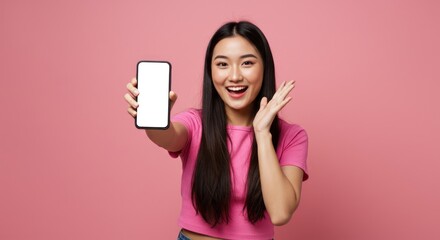 Smiling woman holds a smartphone with a blank screen against a pink background.