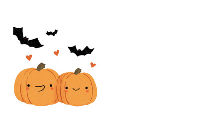 Cute cartoon drawing of two smiling pumpkins with bats and hearts, creating cheerful Halloween atmosphere. Perfect for festive decorations and seasonal celebrations