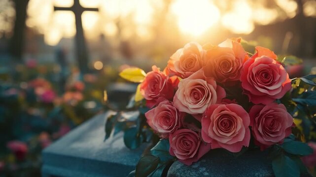 Roses and Remembrance: A poignant image of a vibrant bouquet of roses resting gently upon a headstone in a sun-drenched cemetery, symbolizing remembrance and eternal love.