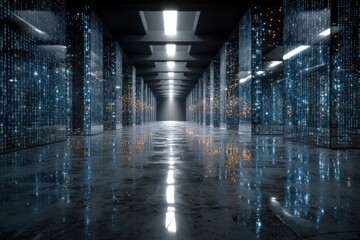 Advanced Data Center Interior with Digital Columns and Reflective Polished Floor