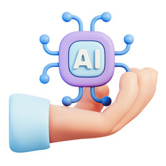 AI chip in hand with connected nodes symbolizing artificial intelligence, neural network, machine learning, smart processor, digital technology for computing and innovation concept 3d illustration