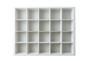 Empty white wooden grid shelf isolated on transparent background