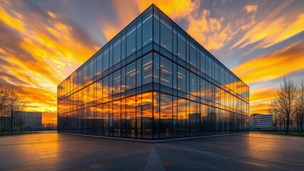 Modern architecture glass facade: A captivating view of a modern glass building facade against a vibrant sunset sky. The reflections in the building create a dynamic interplay of light and color. - Powered by Adobe