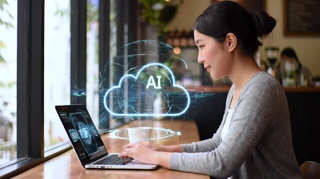 Female entrepreneur using artificial intelligence and cloud computing on a laptop for business data analysis and innovation - Powered by Adobe