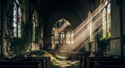 Fototapeta premium Sunbeams illuminate abandoned church interior with stained glass windows.
