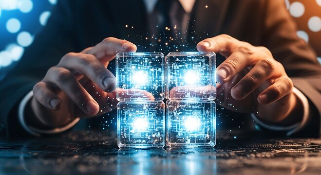 Businessman Assembling Glowing Digital Cubes Representing Blockchain Technology and Secure Data Network Solutions.