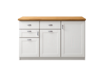 White kitchen cabinet with wooden countertop isolated on transparent background