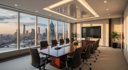 Modern boardroom, corporate meeting room, executive office interior, business conference table, city skyline view, corporate workplace