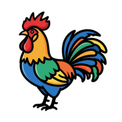 Fototapeta premium A flat vector icon of a rooster with colorful feathers and red comb