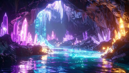 Magical Crystal Caves with Glowing Waterfalls.