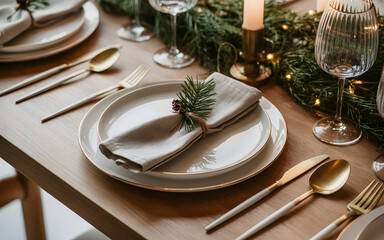 Elegant holiday table setting with white plates, gold cutlery, and festive pine decorations on a wooden table.