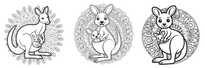 Kangaroo with Baby in Pouch Vector Illustration Set, Cute Australian Animal Mandala Coloring Page, Wildlife Outline Drawing, Mother and Baby Kangaroo Clipart for Kids, Zoo, Nature, and Australia Theme