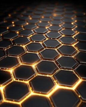Dark, hexagonal grid lit by golden highlights