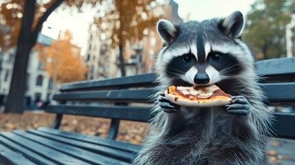 Obraz premium Cute raccoon sitting on a park bench eating a slice of pizza, urban background, clear sky
