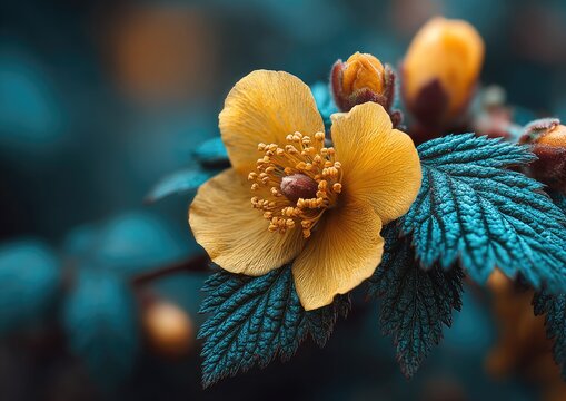 Close-up of vibrant yellow flower with teal leaves - Powered by Adobe