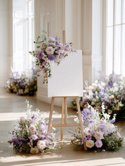 Minimalist wedding welcome sign mockup on elegant easel with lavender floral decor, airy light wedding venue, soft pastel background, natural sunlight