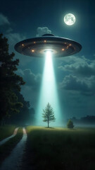 A surreal and captivating night scene, a radiant unidentified flying object descends, casting a bright light beam over a solitary tree, with the moon, adding to the eerie ambiance of the sky. 