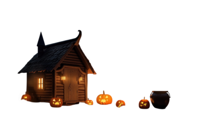 Spooky wooden house with glowing pumpkins isolated on transparent background