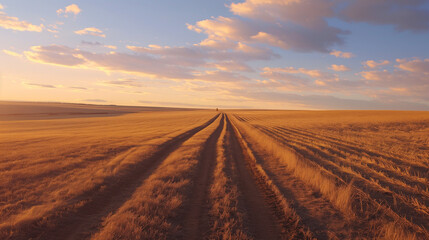 Naklejka premium Country road stretching through dry fields at sunset