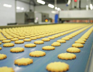 Freshly baked cookies on a conveyor belt in a factory