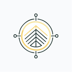 Fototapeta premium Abstract geometric tree logo inside a golden compass circle, a symbol for adventure, forestry, investment, and guidance