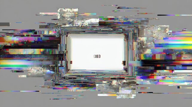 Abstract digital glitch art with colorful pixelated frame and central white square displaying "083"