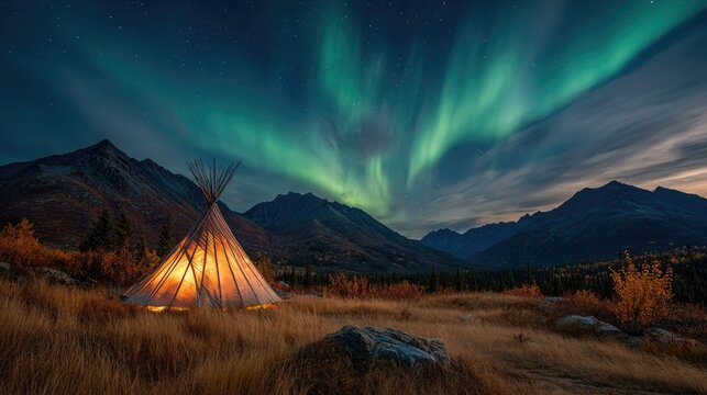 Aurora borealis over tipi in mountains