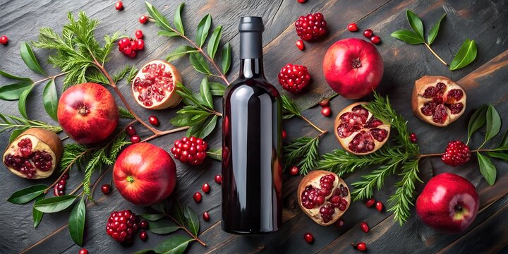 "A ruby-red wine bottle without label, placed beside split-open pomegranates and leafy branches."