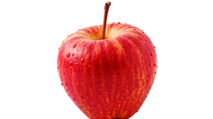 A vibrant red apple sits on a plain white background, showcasing its shiny skin adorned with water droplets. Ideal for healthy snacking or cooking.