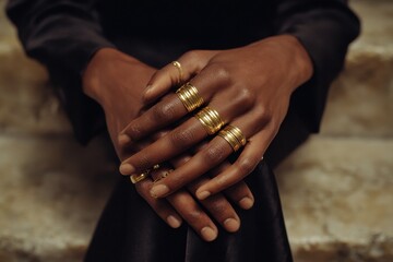 Elegant Dark-Skinned Hands Adorned with Multiple Stacked Gold Rings