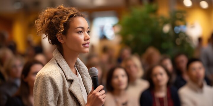 Confident young african female speaker presenting to audience in conference setting