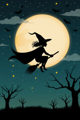 Halloween scene of a witch flying on a broomstick across a glowing full moon with trees and bats. Great for holiday cards, posters, and festive designs.